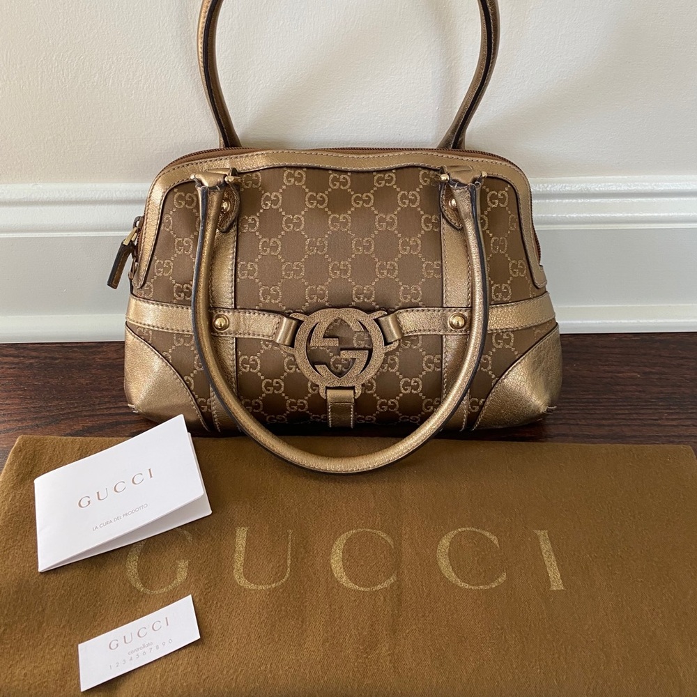 <SOLD> GUCCI gold & brown GG canvas & leather bag